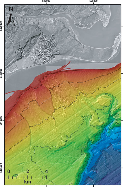 Exemple de glissement terrestre et sous-marin au large de Betsiamites, Estuaire du Saint-Laurent, Canada (Cauchon-Voyer et al. 2011).
